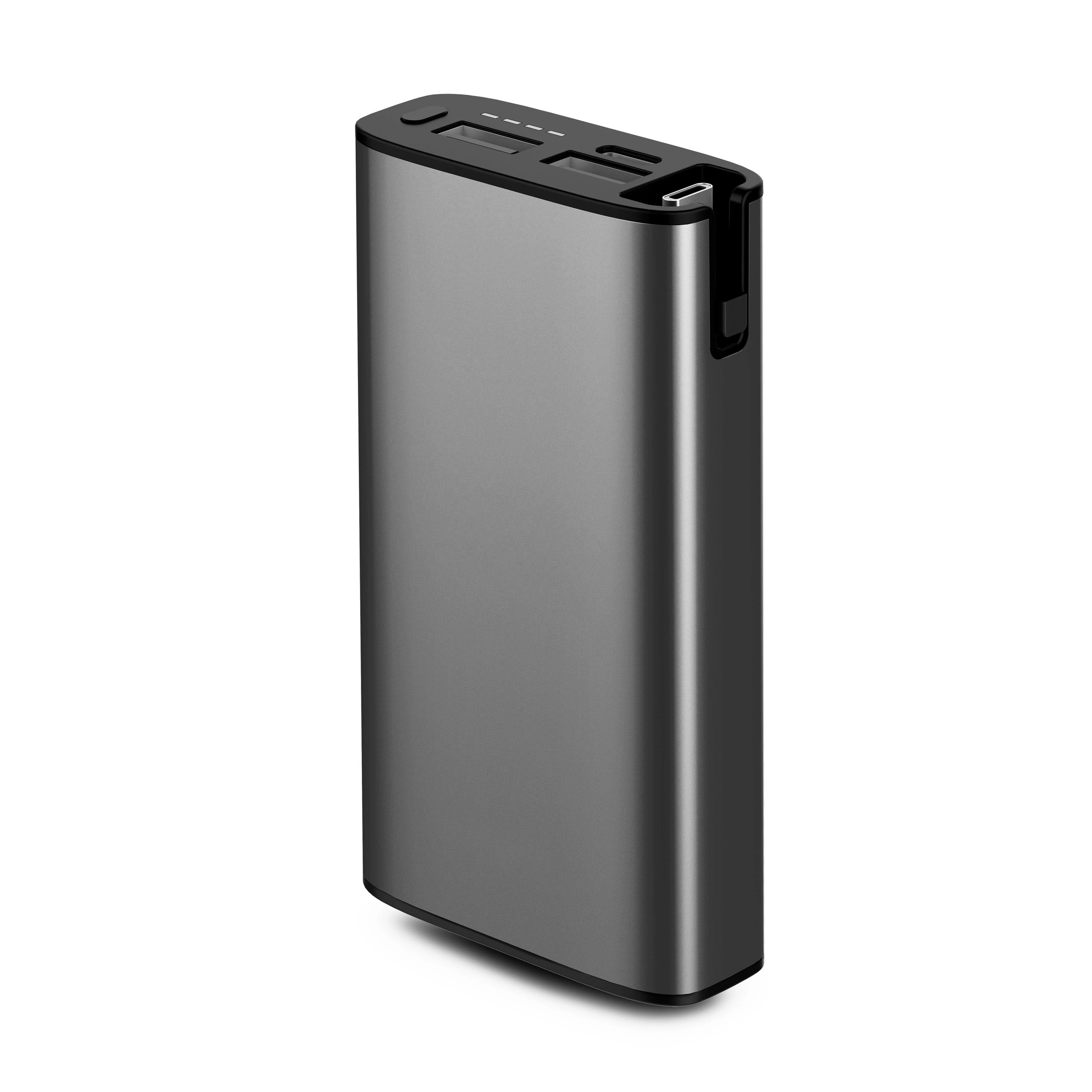 Black Power Bank Isolated on White Background. External Aluminium Battery for Recharging. Portable Power Bank for Charging Three Mobile Devices at the Same Time. Smart Phone Charger with USB Cable